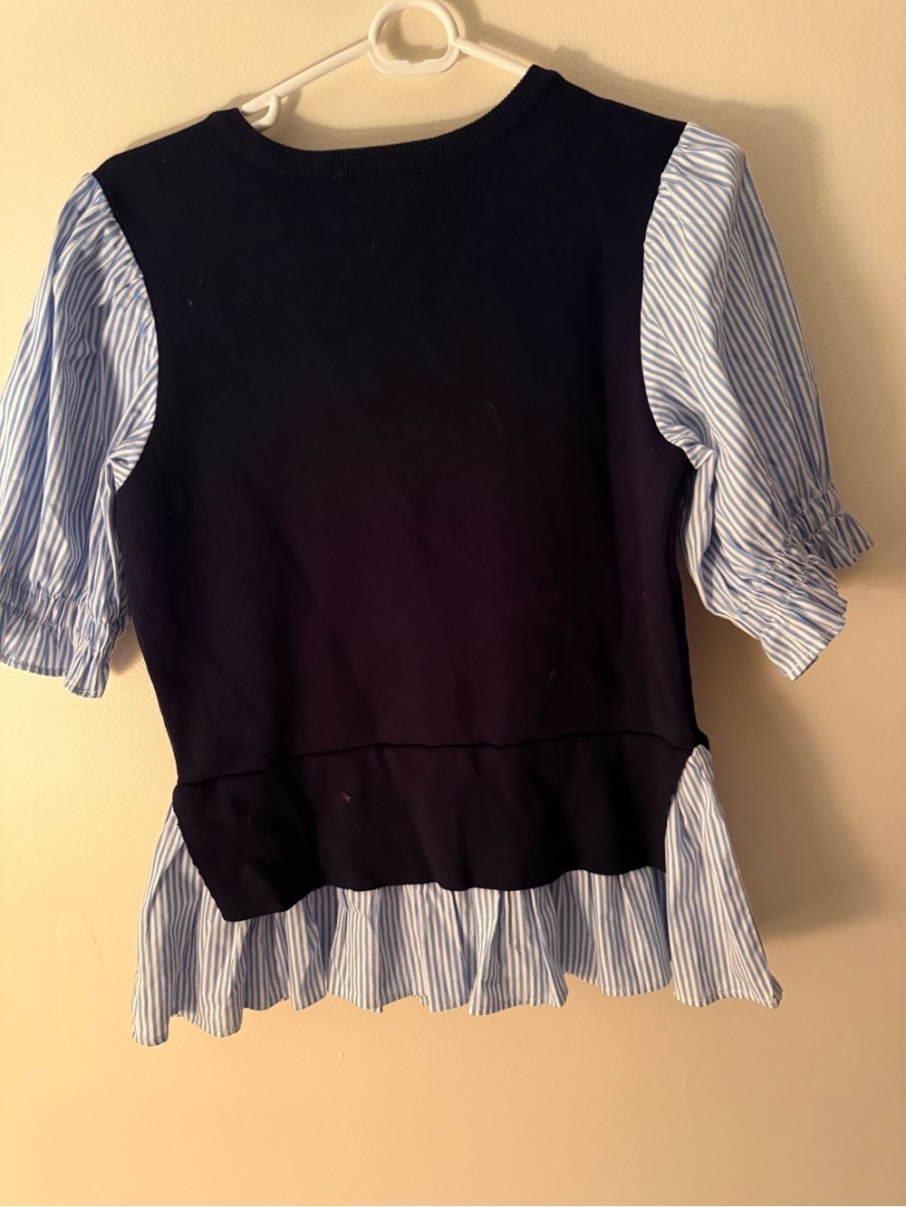 Anthropologie Navy Top with Blue and White Striped Sleeves - Picture 2 of 7
